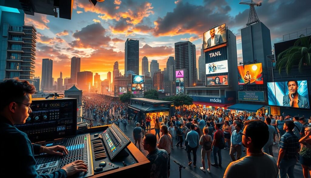 A bustling cityscape showcasing the dynamic Brazilian music industry. In the foreground, musicians and producers collaborate in a state-of-the-art recording studio, their faces lit by the soft glow of LED lighting. The middle ground features a vibrant street scene, with lively crowds gathered around open-air performance stages, listening to a diverse range of musical styles from samba to bossa nova to MPB. In the background, towering skyscrapers and neon-lit billboards reflect the industry's global reach and commercial ambition. The scene conveys a sense of energy, innovation, and the unique cultural fusion that defines the Brazilian musical landscape. A bustling cityscape showcasing the dynamic Brazilian music industry. In the foreground, musicians and producers collaborate in a state-of-the-art recording studio, their faces lit by the soft glow of LED lighting. The middle ground features a vibrant street scene, with lively crowds gathered around open-air performance stages, listening to a diverse range of musical styles from samba to bossa nova to MPB. In the background, towering skyscrapers and neon-lit billboards reflect the industry's global reach and commercial ambition. The scene conveys a sense of energy, innovation, and the unique cultural fusion that defines the Brazilian musical landscape.