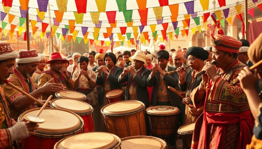 A lively celebration filled with vibrant, traditional instruments. In the foreground, an ensemble of percussionists strikes lively rhythms on a variety of drums and shakers, their movements energetic and expressive. In the middle ground, musicians serenade the crowd with the soulful tones of wind instruments like flutes and pipes, their melodies carrying across the festive scene. In the background, a backdrop of colorful banners, streamers, and twinkling lights creates a celebratory atmosphere, evoking the spirit of a joyous cultural gathering. Warm, natural lighting casts a golden glow over the entire tableau, heightening the sense of immersion and authenticity. The overall image conveys the vibrant, communal nature of traditional music and its integral role in festivals and celebrations.