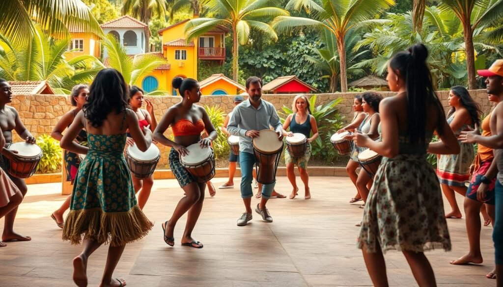 A lively scene of people learning the rhythmic dance of Batuque, a vibrant Brazilian tradition. In the foreground, a group of dancers move in sync, their bodies swaying to the infectious beat of hand drums. The middle ground shows an instructor demonstrating the intricate footwork, guiding students through the steps. In the background, a backdrop of colorful, stylized houses and lush greenery sets the tropical, joyful atmosphere. The lighting is warm and natural, capturing the energy and passion of the Batuque practice. A close, intimate camera angle immerses the viewer in the learning experience, conveying the cultural significance and communal spirit of this beloved art form.