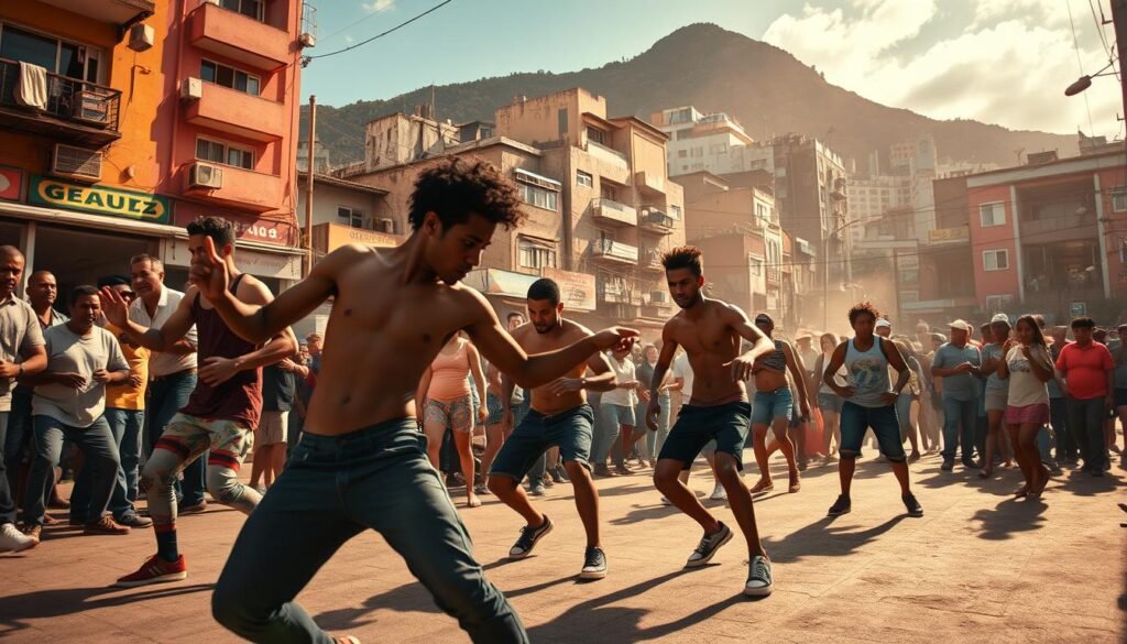 A lively street scene in Rio de Janeiro, showcasing the vibrant and energetic essence of funk carioca. In the foreground, a group of young dancers perform intricate moves, their bodies moving to the infectious rhythms of the pulsing music. The middle ground is filled with a diverse crowd, a melting pot of styles and cultures, all united by the infectious energy of the music. In the background, the iconic architecture of Rio's favelas rises up, a reminder of the marginalized communities that have birthed this distinct musical genre. Warm, saturated lighting casts a hazy, almost dreamlike quality over the scene, capturing the raw, untamed spirit of funk carioca. The composition emphasizes the dynamism and vitality of this music, which has become an integral part of Brazilian cultural identity. A lively street scene in Rio de Janeiro, showcasing the vibrant and energetic essence of funk carioca. In the foreground, a group of young dancers perform intricate moves, their bodies moving to the infectious rhythms of the pulsing music. The middle ground is filled with a diverse crowd, a melting pot of styles and cultures, all united by the infectious energy of the music. In the background, the iconic architecture of Rio's favelas rises up, a reminder of the marginalized communities that have birthed this distinct musical genre. Warm, saturated lighting casts a hazy, almost dreamlike quality over the scene, capturing the raw, untamed spirit of funk carioca. The composition emphasizes the dynamism and vitality of this music, which has become an integral part of Brazilian cultural identity.