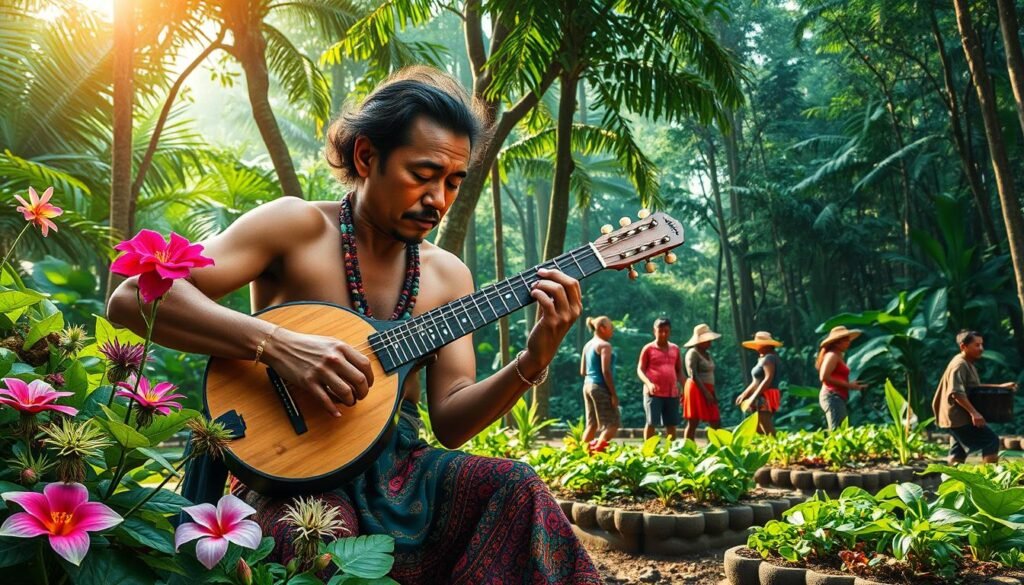A lush, verdant Amazon rainforest backdrop, with sunlight filtering through the canopy. In the foreground, an indigenous musician playing a traditional stringed instrument, their fingers gracefully plucking the strings. The musician is surrounded by a diverse array of native Amazonian flora, including vibrant flowers and medicinal plants. The middle ground features a group of local community members, some dancing to the rhythmic music, others tending to a small, sustainable garden. The scene exudes a sense of harmony and balance between the natural world and human culture, highlighting the deep connection between music, sustainability, and the Amazonian way of life.