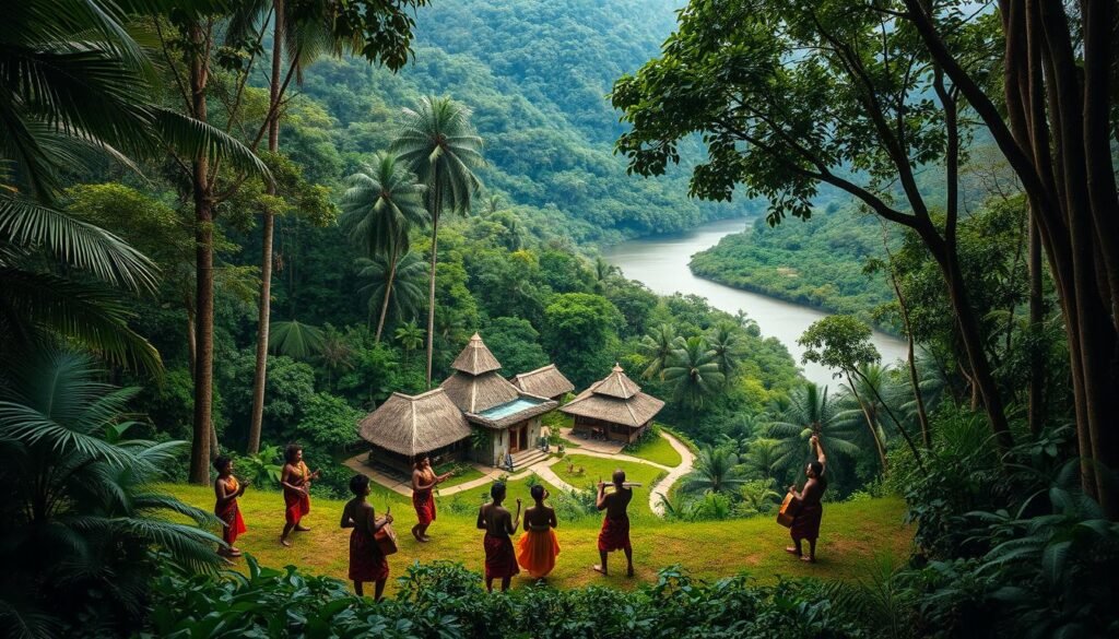 A lush, verdant rainforest scene set in the heart of the Amazon. In the foreground, a group of indigenous musicians and dancers dressed in vibrant, traditional attire perform a captivating folk ritual, their movements flowing with the rhythm of handcrafted instruments. The middle ground features a small village nestled among the towering trees, its thatched-roof huts and winding paths conveying a sense of timeless cultural heritage. In the background, the dense foliage parts to reveal a majestic river winding through the landscape, its tranquil waters reflecting the vibrant colors of the scene. Soft, diffused lighting creates a warm, evocative atmosphere, emphasizing the spiritual and cultural significance of the performance. The overall impression is one of a living, breathing tapestry of traditional Amazonian culture, preserved and celebrated. A lush, verdant rainforest scene set in the heart of the Amazon. In the foreground, a group of indigenous musicians and dancers dressed in vibrant, traditional attire perform a captivating folk ritual, their movements flowing with the rhythm of handcrafted instruments. The middle ground features a small village nestled among the towering trees, its thatched-roof huts and winding paths conveying a sense of timeless cultural heritage. In the background, the dense foliage parts to reveal a majestic river winding through the landscape, its tranquil waters reflecting the vibrant colors of the scene. Soft, diffused lighting creates a warm, evocative atmosphere, emphasizing the spiritual and cultural significance of the performance. The overall impression is one of a living, breathing tapestry of traditional Amazonian culture, preserved and celebrated.