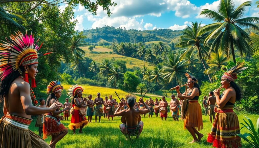 A lush, vibrant scene of indigenous festivals unfolding amidst a verdant, sun-dappled landscape. In the foreground, colorfully attired performers engage in traditional dances, their intricate headdresses and body ornaments glimmering in the warm light. The middle ground features a gathering of indigenous people, some playing distinctive musical instruments like wooden flutes and percussive drums, others watching and celebrating. In the background, a backdrop of towering trees and rolling hills creates a sense of depth and connection to the natural world. The overall atmosphere conveys a joyous, celebratory mood, capturing the essence of indigenous cultural identity and expression.