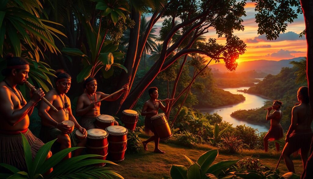 A lush, vibrant tropical forest scene at dusk, with the warm glow of the setting sun filtering through the canopy of verdant foliage. In the foreground, a group of indigenous musicians perform traditional Amazonian rhythms, their hands skillfully playing a variety of percussive instruments - wooden drums, shakers, and hand-carved flutes. The rhythmic pulse is accentuated by the dancers moving in sync, their feet stomping in time to the captivating melody. The middle ground features a winding river reflecting the colors of the sky, while the background is dominated by the silhouettes of towering trees and the distant outline of mountains. The overall atmosphere evokes a sense of timeless, earthy spirituality and the enduring cultural traditions of the Amazon.