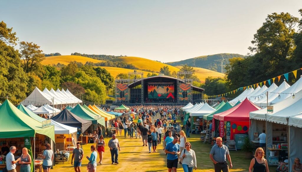 A serene outdoor festival scene showcasing sustainable practices. In the foreground, festival-goers stroll past booths displaying eco-friendly products and artisanal crafts. Vibrant tents and colorful flags dot the middle ground, creating a lively atmosphere. In the background, a majestic stage is surrounded by lush greenery and rolling hills, powered by renewable energy sources. The warm, golden sunlight filters through the trees, casting a natural, welcoming glow. Recycling stations and composting areas are strategically placed, encouraging mindful waste management. An overall sense of harmony between the festivities and the natural environment permeates the scene. A serene outdoor festival scene showcasing sustainable practices. In the foreground, festival-goers stroll past booths displaying eco-friendly products and artisanal crafts. Vibrant tents and colorful flags dot the middle ground, creating a lively atmosphere. In the background, a majestic stage is surrounded by lush greenery and rolling hills, powered by renewable energy sources. The warm, golden sunlight filters through the trees, casting a natural, welcoming glow. Recycling stations and composting areas are strategically placed, encouraging mindful waste management. An overall sense of harmony between the festivities and the natural environment permeates the scene.