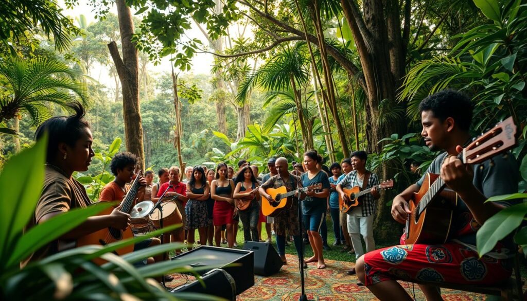 A vibrant and contemporary &amp;quot;toada&amp;quot; performance in the heart of the Amazon rainforest. In the foreground, a group of local musicians passionately playing traditional instruments, their expressions reflecting the soulful rhythm. The middle ground showcases a diverse audience, swaying and tapping their feet, captivated by the hypnotic melodies. In the background, lush foliage and towering trees create a natural, verdant backdrop, hinting at the deep connection between the &amp;quot;toada&amp;quot; and the Amazonian ecosystem. Warm, golden lighting filters through the canopy, casting a nostalgic glow over the scene, while the camera angle captures the energy and dynamism of the moment, as the &amp;quot;toada&amp;quot; continues to evolve and thrive in the modern era.