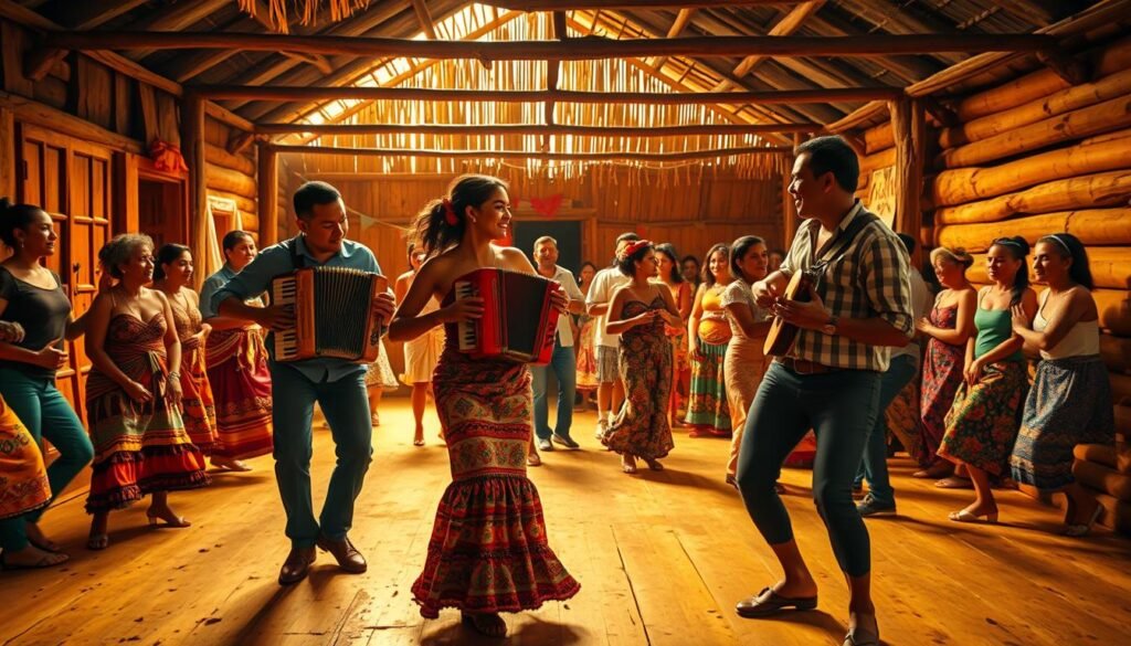 A vibrant and energetic scene of a traditional forró dance in rural Brazil. In the foreground, a couple dances passionately, their bodies moving in sync with the lively rhythms of the accordion and zabumba drum. The middle ground is filled with other dancers, their colorful clothing and joyful expressions capturing the infectious spirit of the music. In the background, a rustic wooden structure frames the scene, its weathered walls and thatched roof evoking the rural setting. Warm, golden lighting bathes the entire scene, creating a welcoming and celebratory atmosphere. The image conveys the deep cultural roots and enduring popularity of this quintessential Brazilian musical style. A vibrant and energetic scene of a traditional forró dance in rural Brazil. In the foreground, a couple dances passionately, their bodies moving in sync with the lively rhythms of the accordion and zabumba drum. The middle ground is filled with other dancers, their colorful clothing and joyful expressions capturing the infectious spirit of the music. In the background, a rustic wooden structure frames the scene, its weathered walls and thatched roof evoking the rural setting. Warm, golden lighting bathes the entire scene, creating a welcoming and celebratory atmosphere. The image conveys the deep cultural roots and enduring popularity of this quintessential Brazilian musical style.