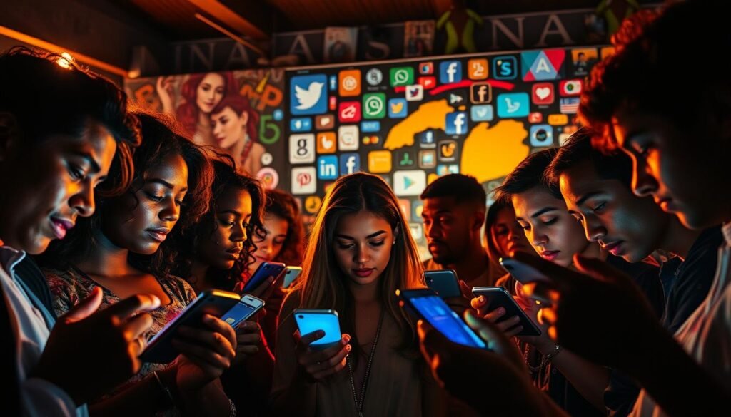 A vibrant and visually engaging scene showcasing the dynamic presence of Brazilian music on social media. In the foreground, a diverse group of people immersed in their smartphones, their faces illuminated by the glow of their screens, captivated by the latest Brazilian musical trends and content. In the middle ground, a collage of social media platforms and icons, reflecting the widespread sharing and engagement with Brazilian music across digital spaces. The background features a vibrant, colorful mural or street art, capturing the rich cultural heritage and artistic expression that underpins the Brazilian music scene. Warm, natural lighting bathes the entire composition, evoking a sense of energy, joy, and the seamless integration of traditional and modern elements.