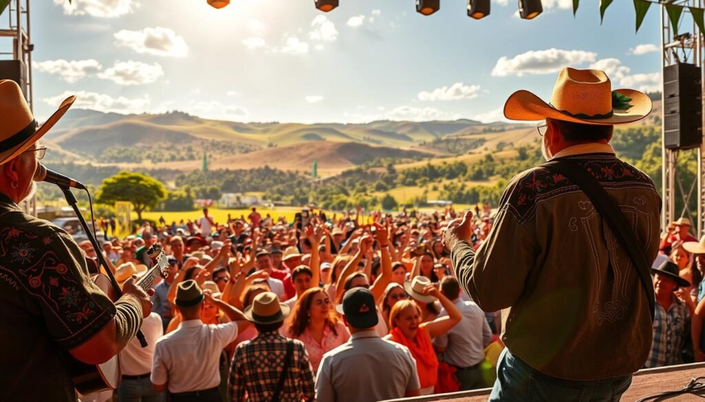 A vibrant celebration of Brazilian country music, Festa Nacional da Música Sertaneja, unfolds on a sun-drenched stage. Energetic musicians serenade a captivated crowd, their colorful cowboy hats and embroidered shirts swaying to the infectious rhythms. In the foreground, a virtuosic guitarist commands attention, fingers dancing across the strings. The middle ground reveals a sea of cheering fans, hands raised in joyous appreciation. Framing the scene, a backdrop of rolling hills and lush greenery evokes the rural heartland that inspired this cherished musical tradition. Warm lighting casts a golden glow, heightening the festive atmosphere as the nation's cultural identity is proudly showcased.