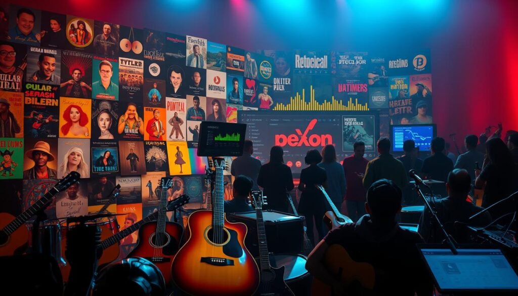 A vibrant digital landscape of regional Brazilian music, featuring colorful album covers and streaming service icons. In the foreground, a diverse array of musical instruments - guitars, drums, and regional percussion - symbolizing the rich cultural heritage. The middle ground showcases the digital platforms, with sleek interfaces and pulsing equalizer visualizations, representing the seamless fusion of traditional and modern music consumption. The background evokes a sense of community, with silhouettes of people gathered, celebrating the music that unites them across the country. Warm, saturated tones and a cinematic, documentary-style lighting create an immersive, inspiring atmosphere.