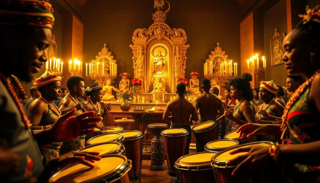 A vibrant scene of Afro-Brazilian rhythms, captured in a dynamic composition. In the foreground, percussionists skillfully play an array of traditional instruments, their hands a blur of motion. Behind them, worshippers sway and dance, their bodies moving in sync with the pulsing beats. The middle ground features ornate altars adorned with candles, flowers, and symbolic icons, reflecting the spiritual elements of Umbanda and Candomblé. In the background, a dimly lit temple setting creates an atmosphere of reverence and mysticism, the shadows casting dramatic highlights across the scene. Warm, golden lighting bathes the entire composition, evoking the rich, earthy tones of these deeply rooted Afro-Brazilian traditions.