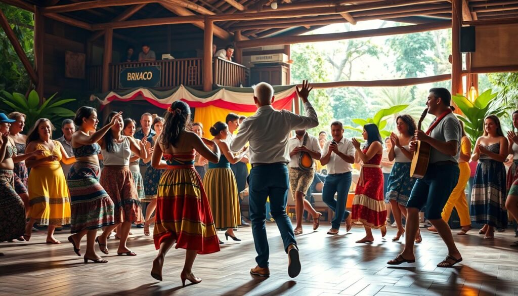 A vibrant scene of people enthusiastically learning traditional Brazilian folk dances. In the foreground, a group of diverse dancers performing lively, rhythmic steps, their bodies moving in sync to the beat of a live band playing authentic folk instruments. In the middle ground, an instructor demonstrating the dance moves with graceful, fluid motions, guiding the participants. The background features a warm, rustic setting with wooden structures, lush greenery, and a festive atmosphere, capturing the cultural heritage and community spirit of the event. Soft, diffused lighting illuminates the scene, creating a sense of warmth and celebration. The overall composition conveys the joy, energy, and cultural significance of learning traditional Brazilian folk dances.
