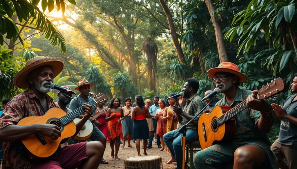 A vibrant scene of traditional Brazilian culture in the heart of the Amazon rainforest. In the foreground, a group of local musicians performing with a variety of instruments, including string-based toadas and percussive rhythms. Their passionate expressions and energetic movements convey the soulful essence of this regional music. The middle ground features a lively gathering of people, some dancing, others observing and clapping along. Warm, golden lighting filters through the dense foliage, casting a soft, natural glow over the entire scene. In the background, the towering, verdant trees of the Amazon create a lush, immersive backdrop, reinforcing the deep connection between this musical tradition and the local environment.