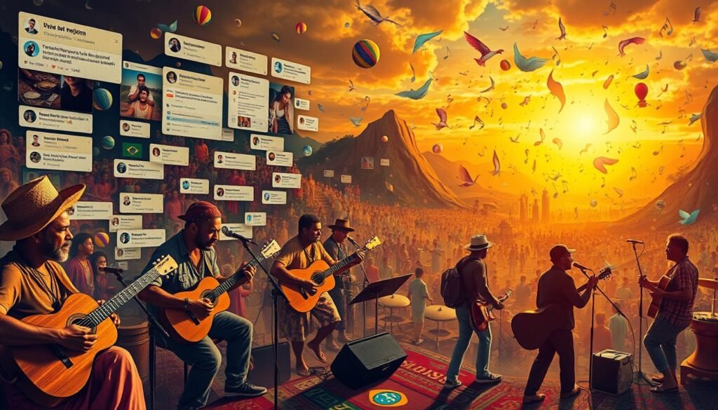A vibrant tapestry of musical evolution unfolding across social media platforms. In the foreground, musicians of diverse regional styles perform, their instruments a symphony of traditional and modern fusion. The middle ground depicts a digital landscape, with scrolling feeds, cascading comments, and shares capturing the organic growth of these regional sounds. In the background, a kaleidoscope of cultural influences - from folk traditions to cutting-edge production - converge, creating a dynamic, ever-evolving musical ecosystem. Warm, golden lighting casts a nostalgic glow, evoking a sense of timeless connection. Captured through a wide-angle lens, the scene conveys the sweeping impact of regional music's digital renaissance, a testament to the power of community and the enduring spirit of Brazilian cultural expression.